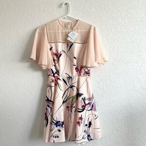 BY EGREIS Pink Blush Floral Dress Sheer Flutter Sleeves Size XS NEW Spring Cream